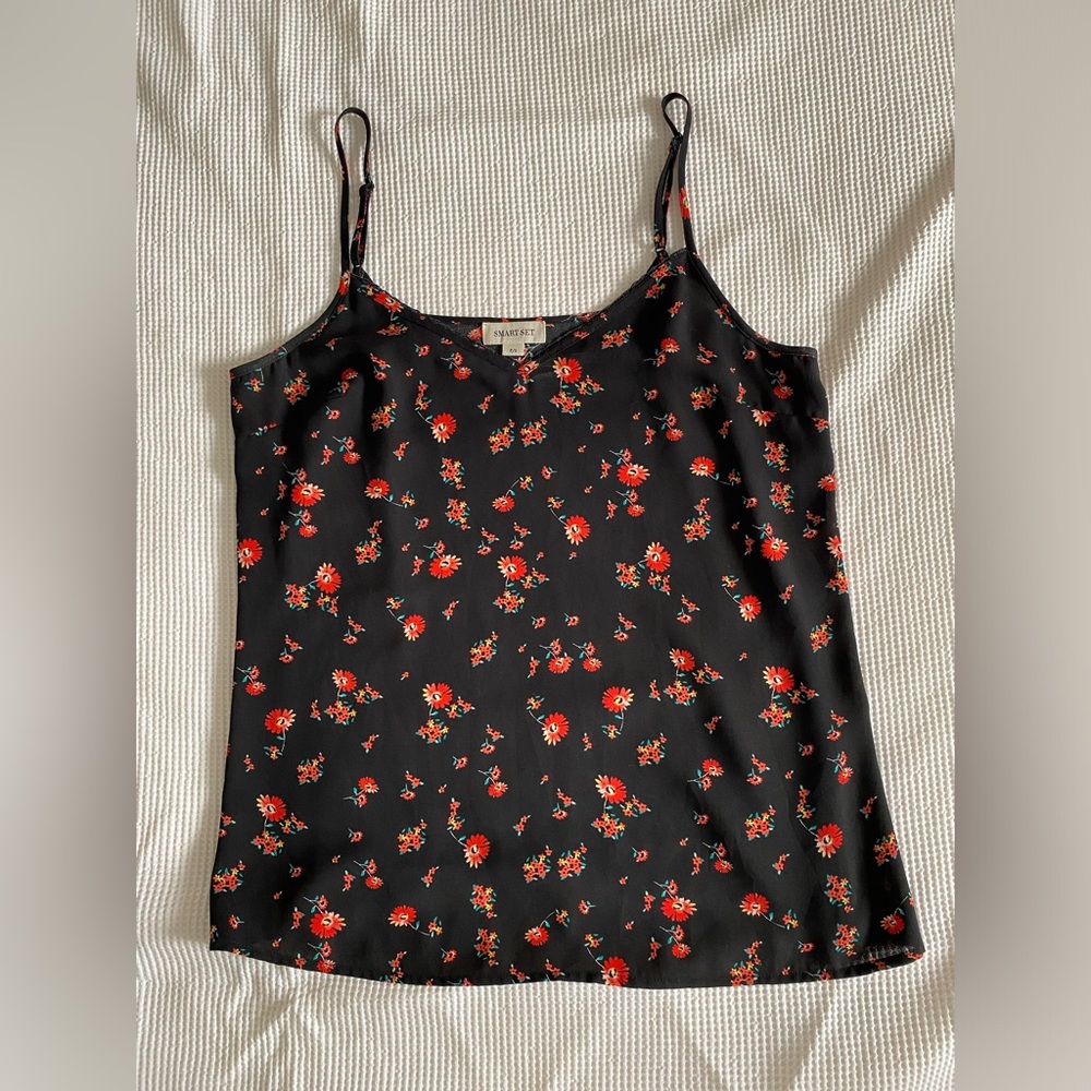 3 for $15! Black camisole with red flower designs. Size S.